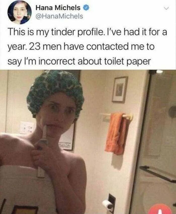 Woman in a towel and shower cap, comedic meme about Tinder profile and toilet paper.