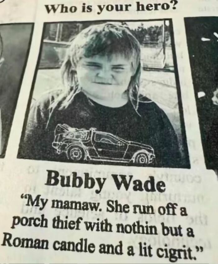 Child shares about "hero" in a meme, featuring a story about their grandmother's bravery against a thief.