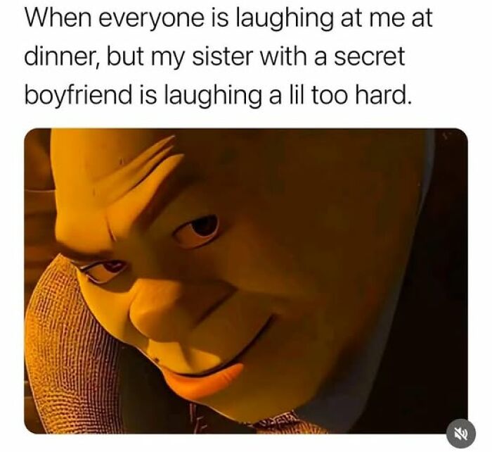 Weirdest meme featuring a character smirking, captioned about a sister with a secret boyfriend laughing too hard.