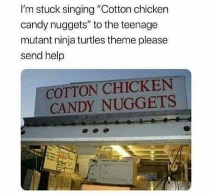 Weirdest meme with a sign reading "Cotton Chicken Candy Nuggets," humorously referencing a popular theme song.