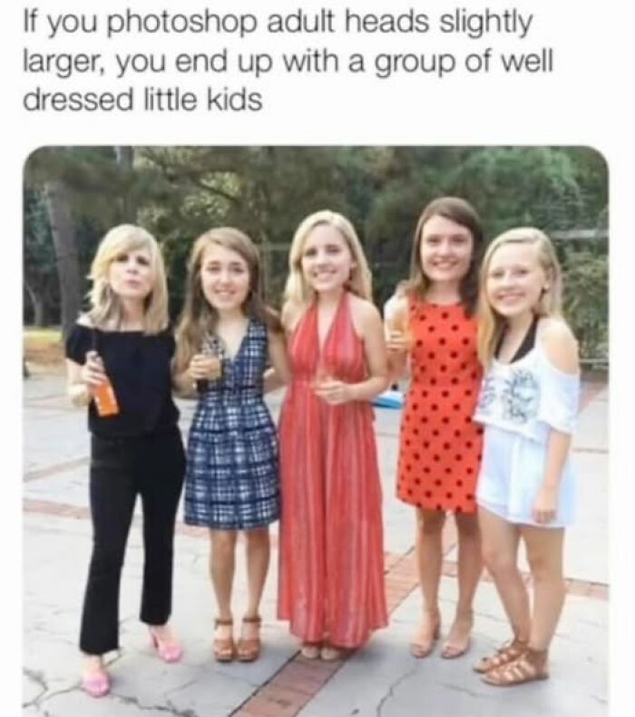 Weirdest meme of edited adults with oversized heads on kids' bodies, humorously dressed for a party.