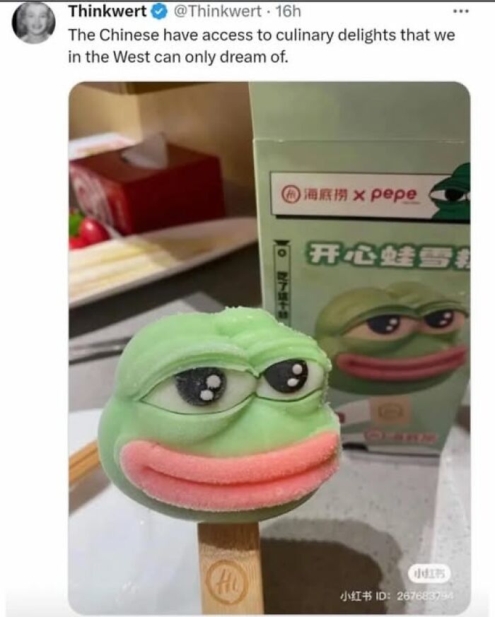 Weirdest meme featuring a Pepe ice cream treat with a box in the background.