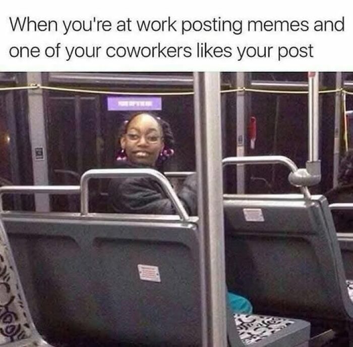 Woman on bus with a humorous expression, illustrating a funny meme scenario about coworkers liking posts.