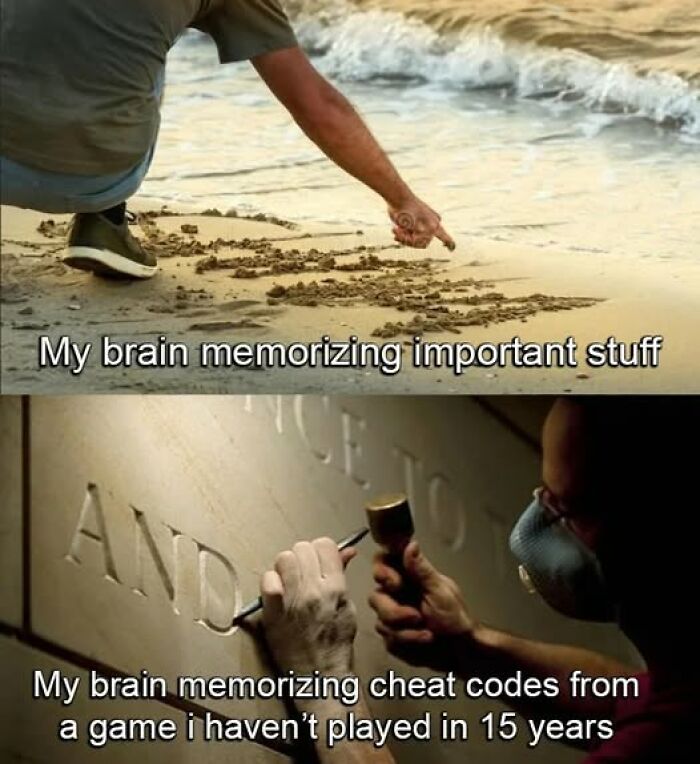 Two-part meme about how brains memorize cheat codes over important information.