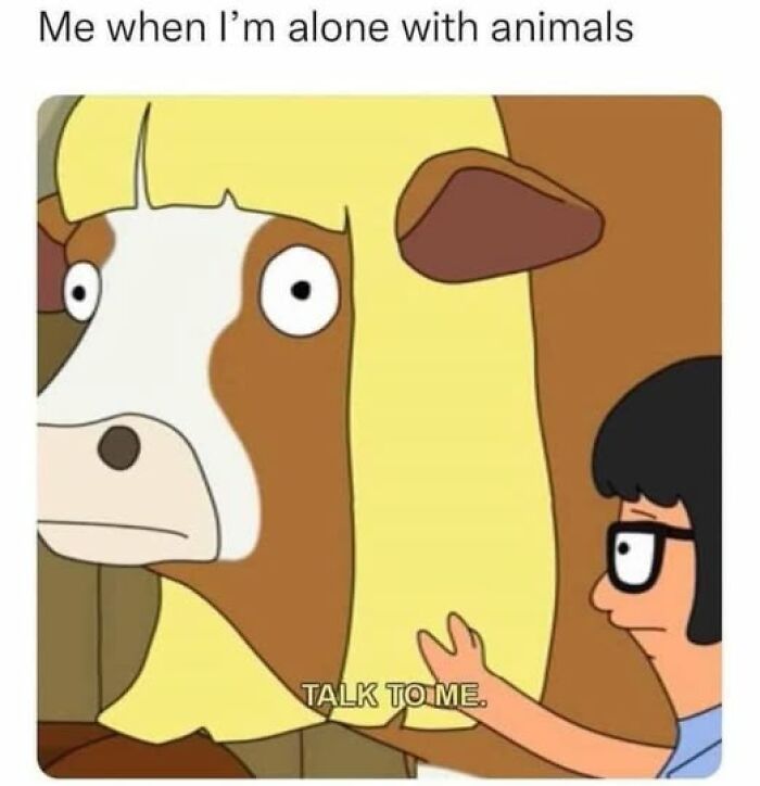 Cartoon character mimicking a conversation with a cow, illustrating a funny meme.