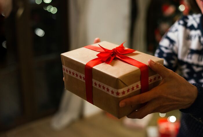 Hands offering a wrapped gift with a red ribbon, perfect for someone who has everything.