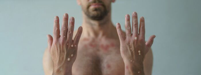 A shirtless man with vitiligo spots on hands looks at them, set against a plain background.