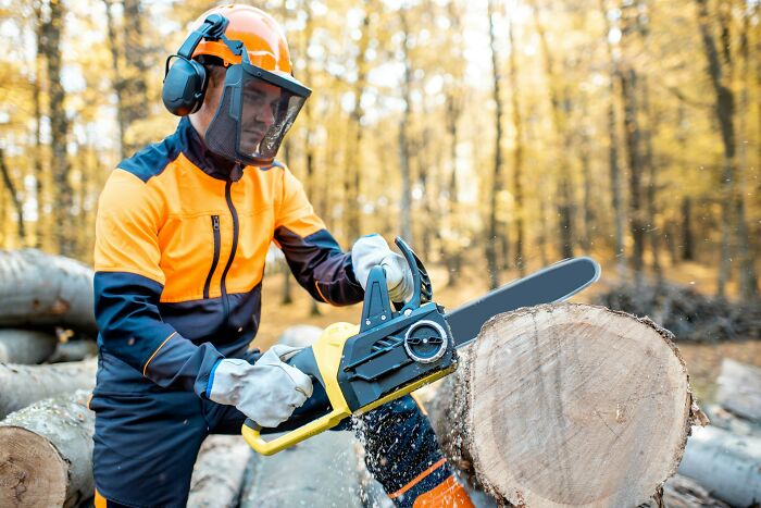Man in safety gear using a chainsaw in a forest, highlighting niche facts about equipment use within a forestry setting.