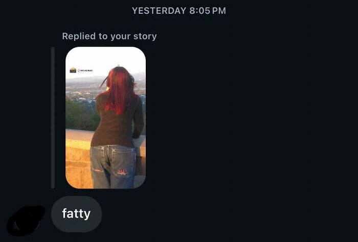 Awkward text message with a photo reply and the comment "fatty."