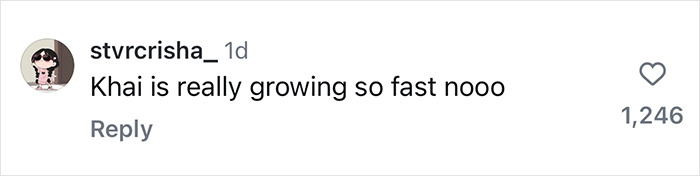 Comment discussing how Khai Hadid is growing up quickly, with 1,246 likes.