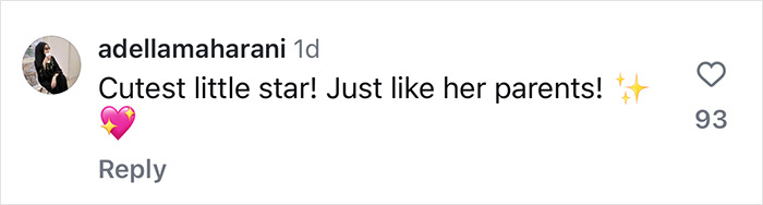 Instagram comment praising a young girl, mentioning her resemblance to her parents.