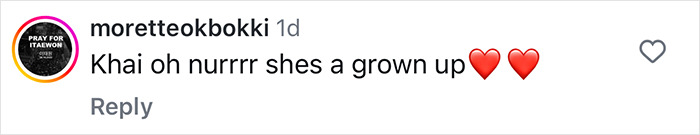 Instagram comment about Gigi Hadid's daughter Khai growing up, with heart emojis.