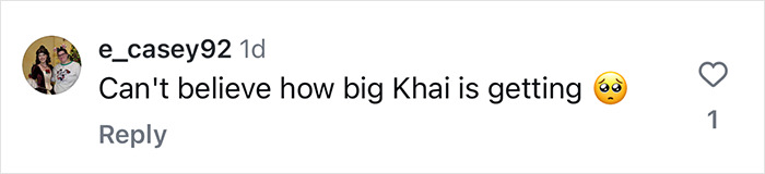 Instagram comment about Khai growing up, including a heart emoji.