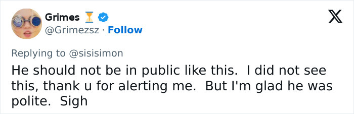 Grimes responds to tweet, expressing concern about her son's public appearance. Grimes responds to tweet, expressing concern about her son's public appearance.
