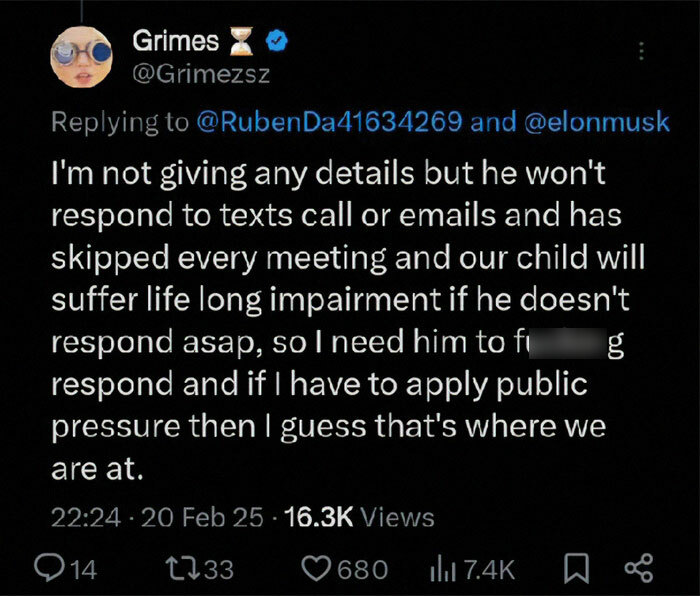 Grimes calls out Elon Musk in a tweet regarding their child's medical crisis, expressing frustration over lack of response.