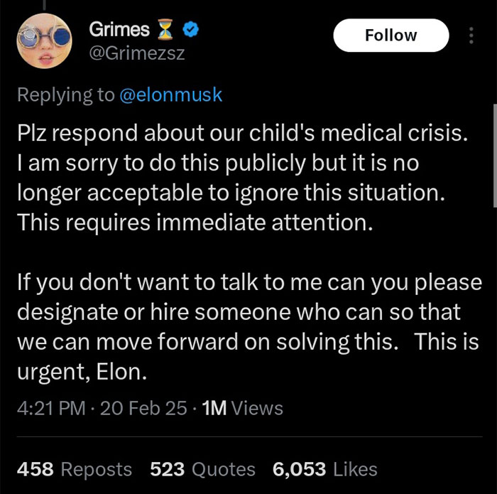 Grimes urges Elon Musk to address their child's medical issue in a tweet.