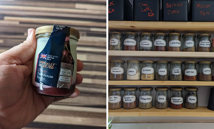 Hand holding groceries and organized spice jars on shelves, showcasing grocery-shopping-hacks.