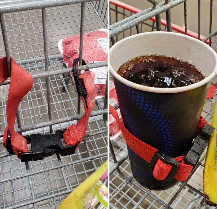 Shopping cart with DIY cup holder hack for groceries, securing a drink.