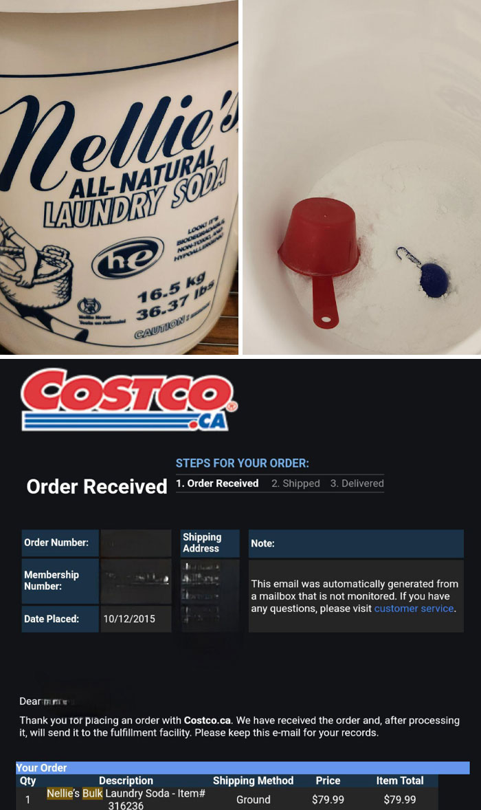 Costco order of Nellie’s laundry soda with scoops, showcasing Grocery-Shopping-Hacks for bulk buying.