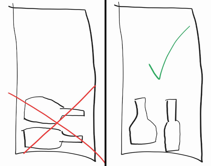 Illustration of grocery-shopping-hacks: incorrect and correct ways to place bottles in a bag.