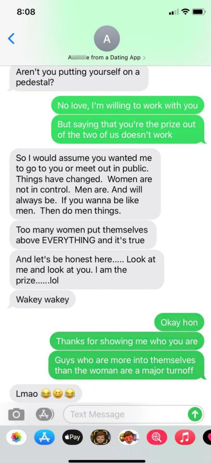 Awkward text exchange on a dating app, discussing egos, gender roles, and self-awareness, ending with laughter emojis.