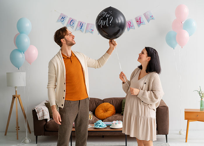 Man with sister holding a balloon at a baby shower, with pastel balloons and banners, highlighting family dynamics. Man with sister holding a balloon at a baby shower, with pastel balloons and banners, highlighting family dynamics.