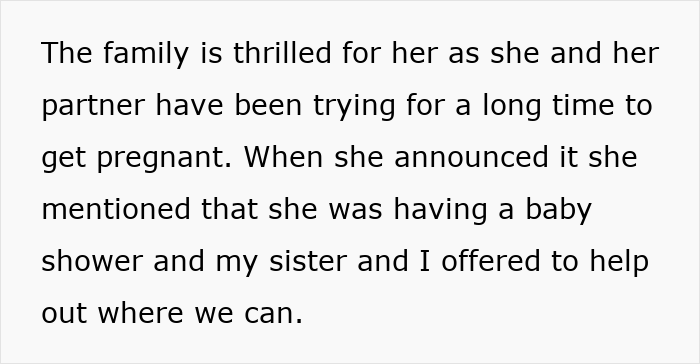 Text discussing family excitement about a baby shower, highlighting help offered to pregnant sister. Text discussing family excitement about a baby shower, highlighting help offered to pregnant sister.