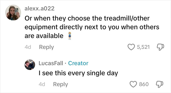 Comments discussing gym behavior, with users noting men choosing equipment next to women even when others are available. Comments discussing gym behavior, with users noting men choosing equipment next to women even when others are available.