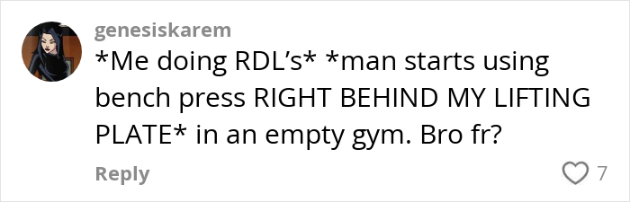 Comment on gym behavior: man uses bench near woman during workout in empty gym. Comment on gym behavior: man uses bench near woman during workout in empty gym.