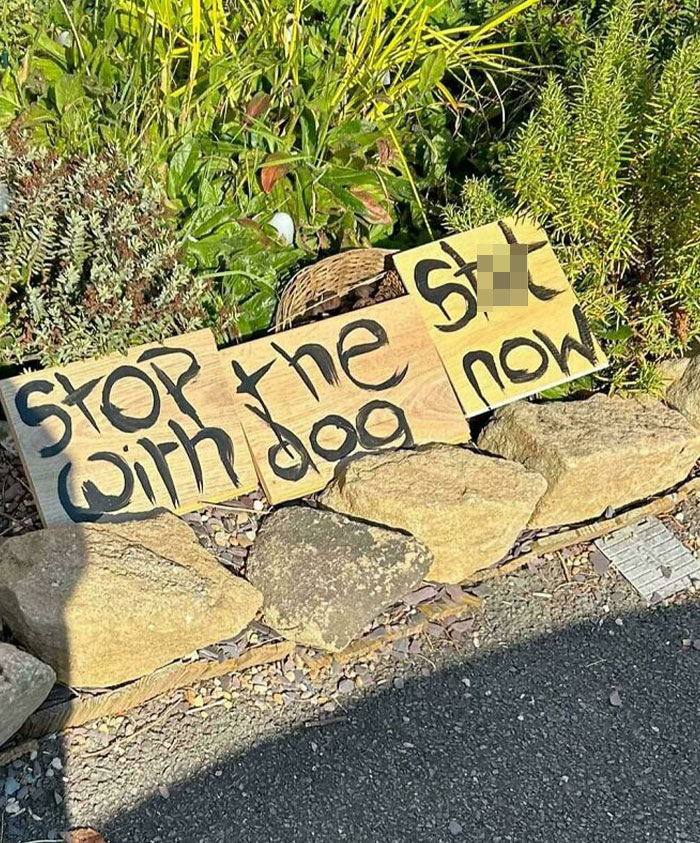Humorous sign fail with unclear message amid garden rocks, highlighting a communication mishap.