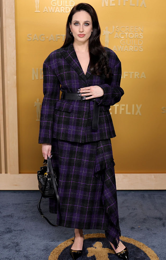 Harriet Cains in a purple plaid suit on the red carpet at SAG Awards, associated with worst looks.