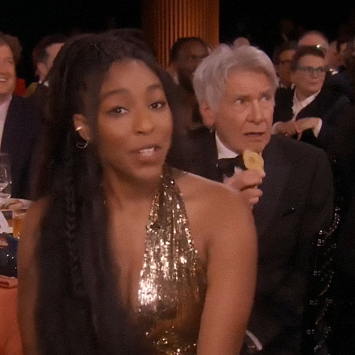 Harrison Ford eating at a formal event, going viral as a meme during the 2025 SAG Awards.