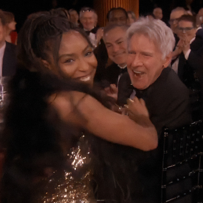 Harrison Ford laughs with co-star Jessica Williams during the 2025 SAG Awards.