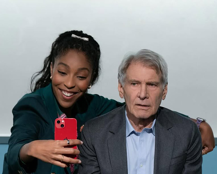 Harrison Ford and "Shrinking" co-star Jessica Williams posing for a mirror selfie.
