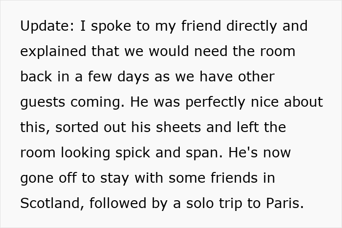 Text update about a friend leaving after staying, with plans to visit Scotland and Paris.