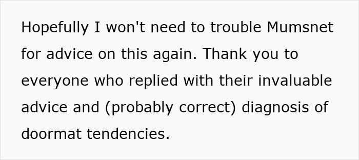 Text expressing gratitude for advice and a diagnosis of doormat tendencies, related to heartbroken friend house leech situation.