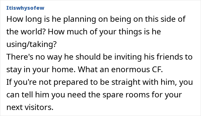 Text discussing concerns about a friend overstaying his welcome, mentioning spare rooms needed for visitors.