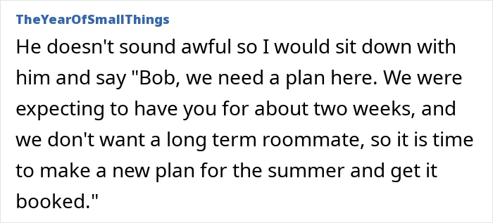 Text screenshot discussing addressing a friend overstaying their welcome at your house.