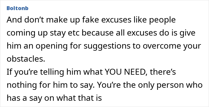 Text from a user named Boltonb advising against making excuses to avoid a house leech situation.