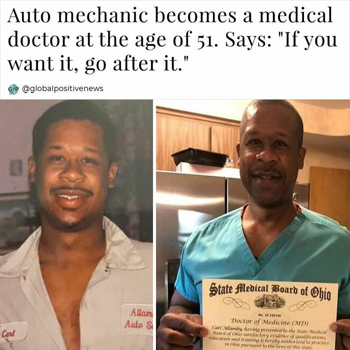 Man transitions from auto mechanic to doctor at 51, holding medical license, symbolizing restored faith in humanity.
