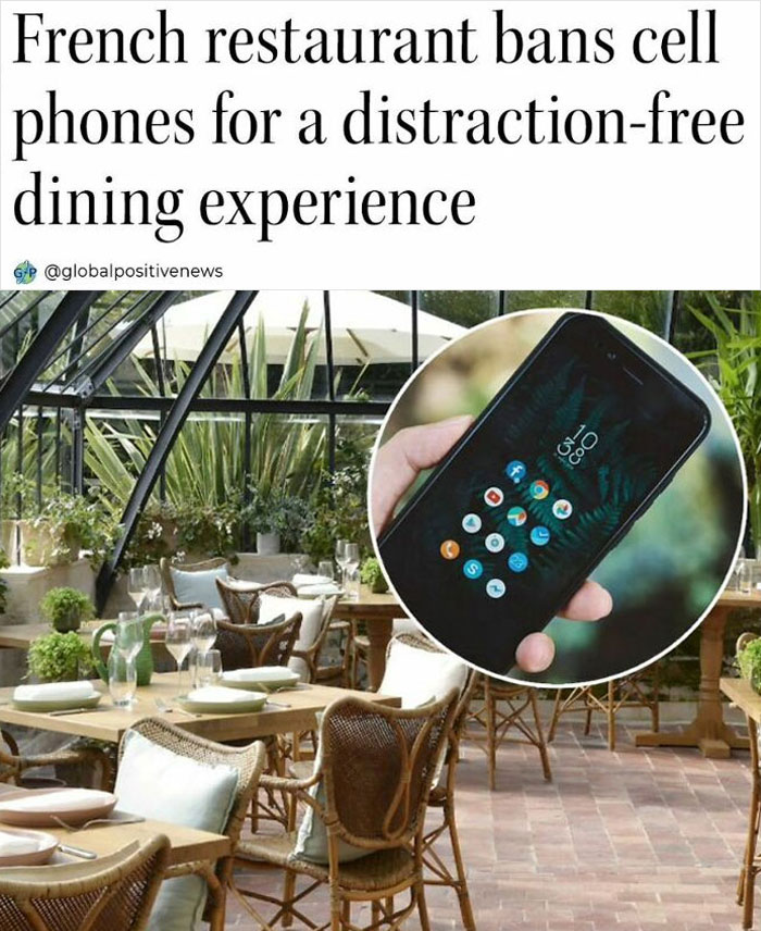 Restaurant bans cell phones for distraction-free dining, enhancing faith in humanity with positive experiences.