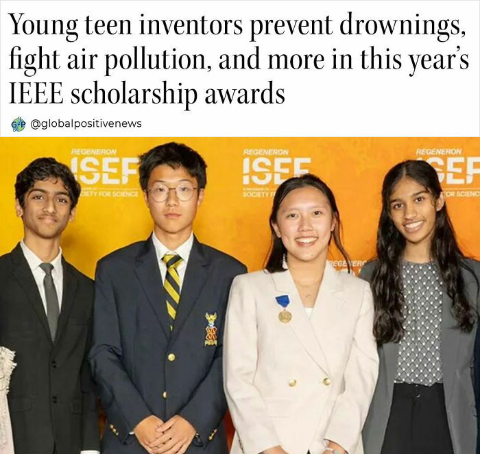 Young inventors smiling at IEEE scholarship awards, showcasing global positive news and achievements.
