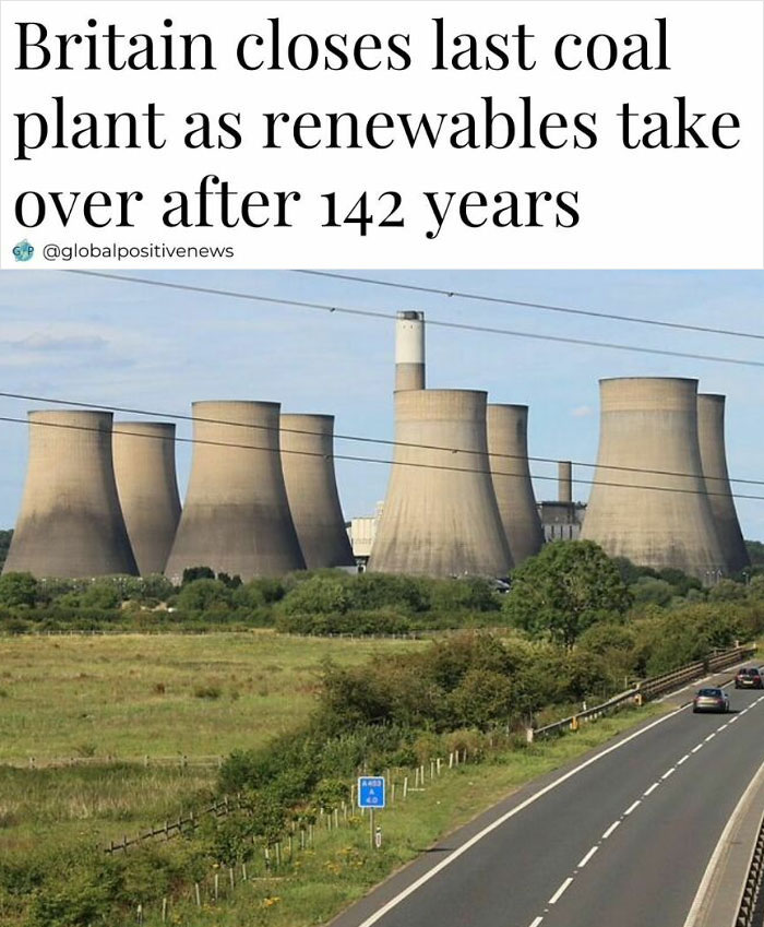 Cooling towers of a coal plant stand inactive as Britain shifts to renewable energy, symbolizing faith in humanity restored.