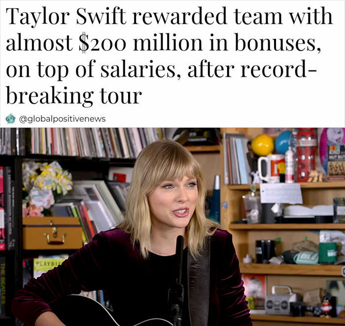 Singer in a sparkling dress performs with guitar, highlighted by global positive news of generous tour bonuses.