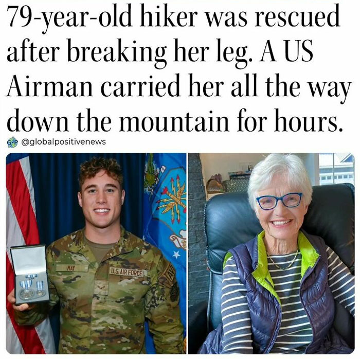 US Airman smiles in uniform holding a medal; elderly woman smiles in a chair, highlighting faith in humanity restored.