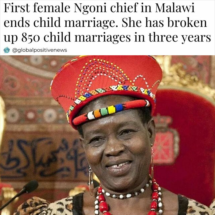 Ngoni chief in Malawi smiling, wearing traditional attire, promoting global positive news by ending child marriage.