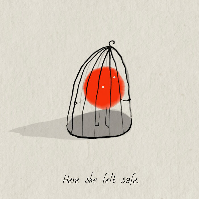 Illustration of a red circle within a cage, symbolizing simplicity and safety. Text reads: "Here she felt safe."