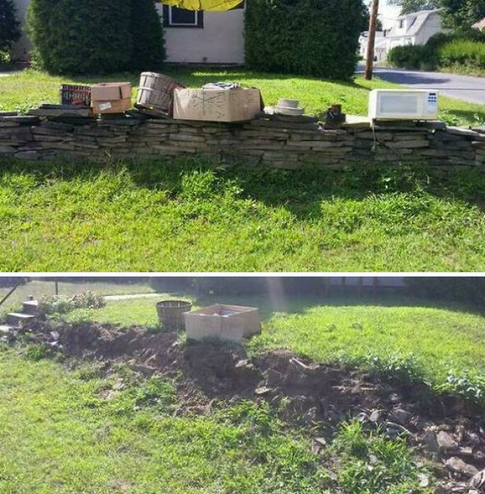 Items on a stone wall in a yard and the wall missing in the next scene, highlighting hilarious misunderstandings in landscaping.