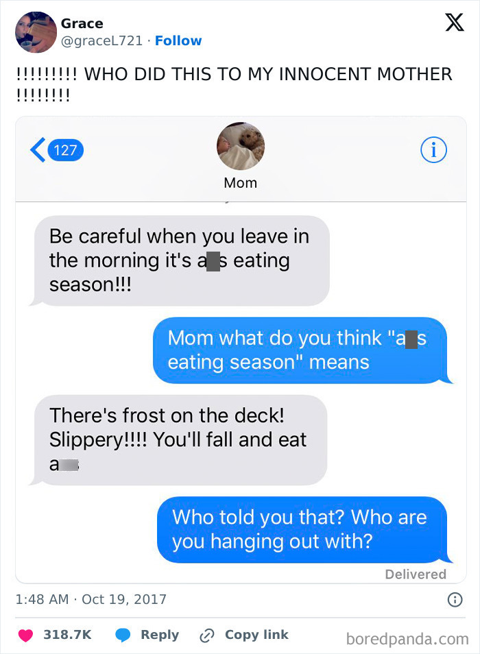 Text exchange showing a hilarious misunderstanding about the phrase "a** eating season."