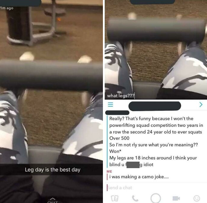 Gym-goer in camouflage leggings misinterprets a joke, creating a hilarious misunderstanding in a chat.